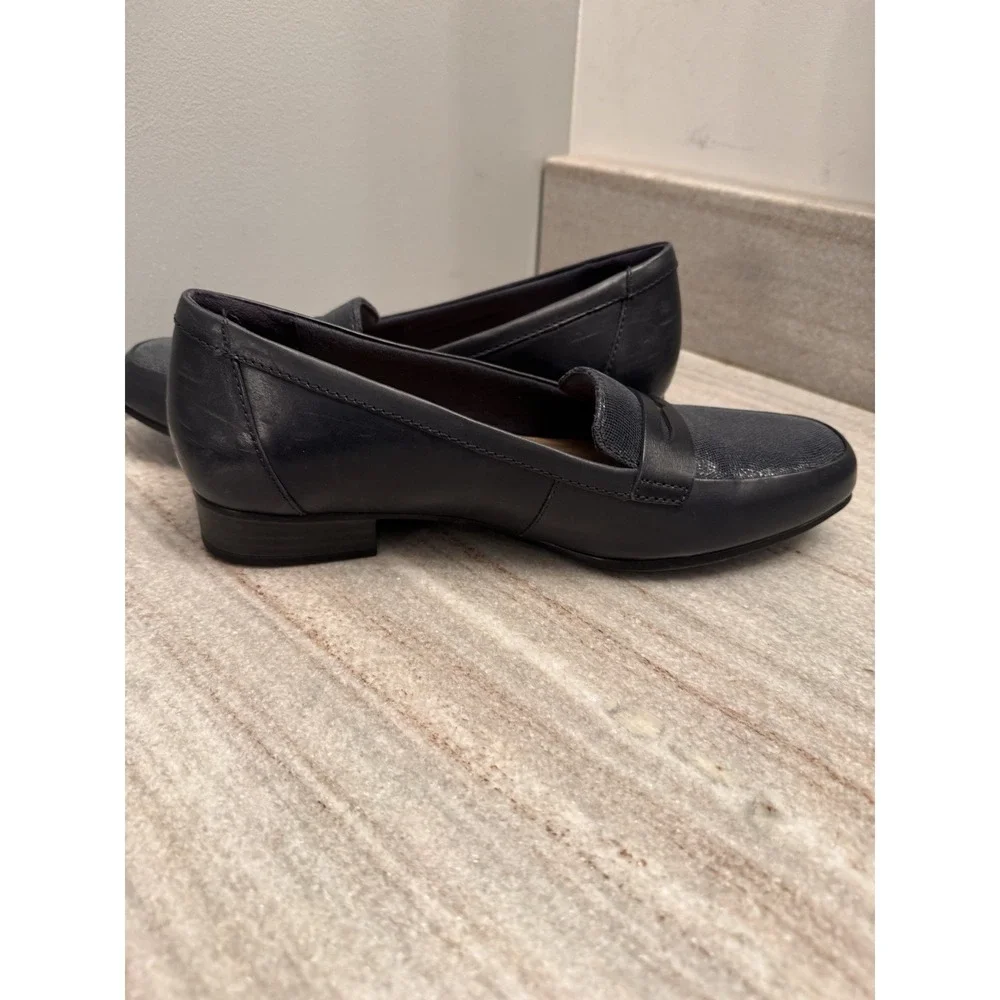 Clarks Juliet Coast Penny Loafers Leather Slip-Ons Luxe Flats‎ Textured Blue 8.5